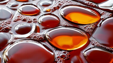 Close-up of translucent bubbles in amber liquid surface