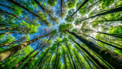 Lush green forest in the morning with sunlight filtering through the trees