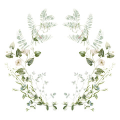 Watercolor wildflower floral illustration - green gold leaf flower ivy wreath frame, for wedding stationary, greetings, wallpapers, fashion, background, textile. Eucalyptus, olive, green leaves, etc.