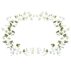 Watercolor wildflower floral illustration - green gold leaf flower ivy wreath frame, for wedding stationary, greetings, wallpapers, fashion, background, textile. Eucalyptus, olive, green leaves, etc.