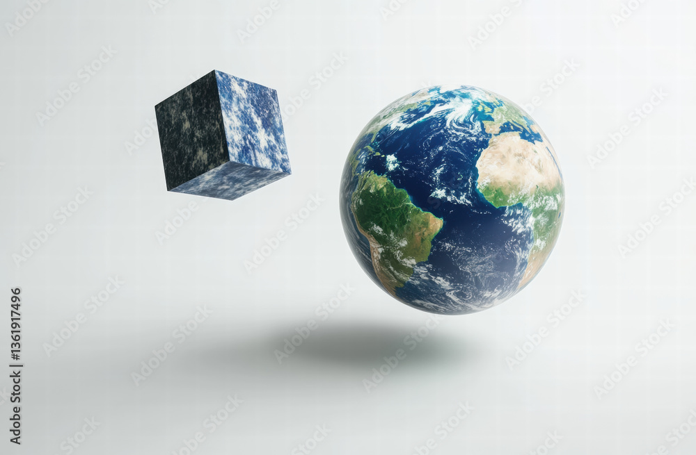 Poster image features 3d representation of earth alongside cube that appears to be made of similar texture,