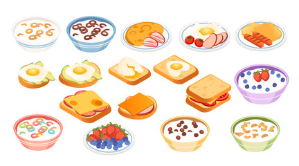 Isometric breakfast food collection. Cereal bowls with milk. Fried toasts with eggs. Fresh berries. Sandwich set. Colorful breakfast dishes. Vector illustration isolated on white background