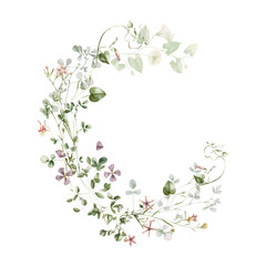 Watercolor wildflower floral illustration - green gold leaf flower ivy wreath frame, for wedding stationary, greetings, wallpapers, fashion, background, textile. Eucalyptus, olive, green leaves, etc.