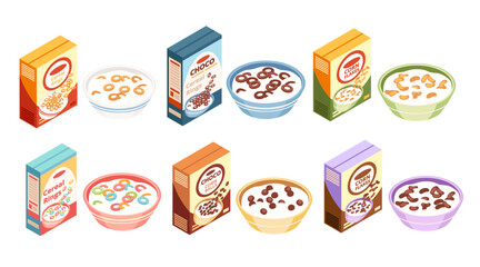 Isometric set of cereal boxes and bowls. Colorful breakfast food packaging. Cereal product containers. Prepared cereal in serving dishes. Vector illustration isolated on white background