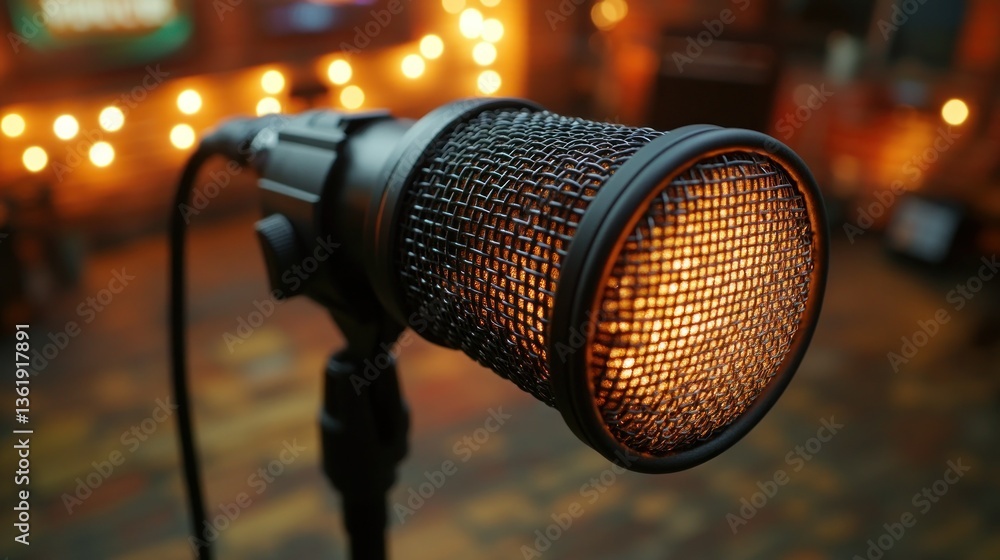 Aufkleber close-up of a dynamic microphone. bokeh background suggests a recording studio or performance settin