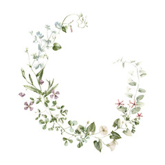 Watercolor wildflower floral illustration - green gold leaf flower ivy wreath frame, for wedding stationary, greetings, wallpapers, fashion, background, textile. Eucalyptus, olive, green leaves, etc.