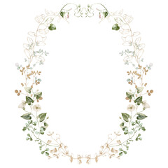 Watercolor wildflower floral illustration - green gold leaf flower ivy wreath frame, for wedding stationary, greetings, wallpapers, fashion, background, textile. Eucalyptus, olive, green leaves, etc.