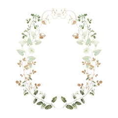 Watercolor wildflower floral illustration - green gold leaf flower ivy wreath frame, for wedding stationary, greetings, wallpapers, fashion, background, textile. Eucalyptus, olive, green leaves, etc.