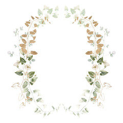 Watercolor wildflower floral illustration - green gold leaf flower ivy wreath frame, for wedding stationary, greetings, wallpapers, fashion, background, textile. Eucalyptus, olive, green leaves, etc.