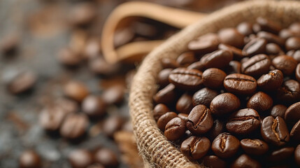 Fototapeta premium A close-up of rich, dark roasted coffee beans in a burlap sack, evoking a warm and inviting coffee shop atmosphere.