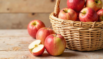 Fresh Red Apples in a Woven Basket on a Rustic Wooden Surface  