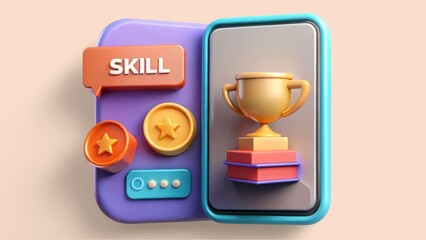 Education Technology 3D illustration concept. Colorful trophy and skill icons on a mobile interface design.