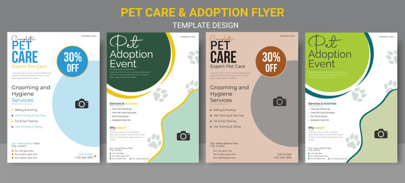 Pet care center flyer design template or pet adoption poster design. Professional Pet Clinic Flyer Vet and Animal Care Animal Rescue and Charity Flyer.