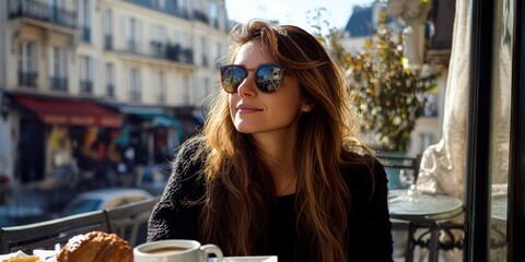 Casual Woman Posing Outdoors at a Paris Café with Sunny Atmosphere