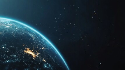 Nighttime earth view from space with city lights and starry sky