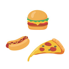 Fastfood, sweet and fat eating versus balanced product set. Fast food illustration vector image with Burger, Hot dog and Pizza. Colored flat vector illustration isolated on white background.