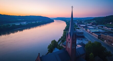 Wheeling West Virginia: Aerial View at Dusk with Ohio River and Church Steeple