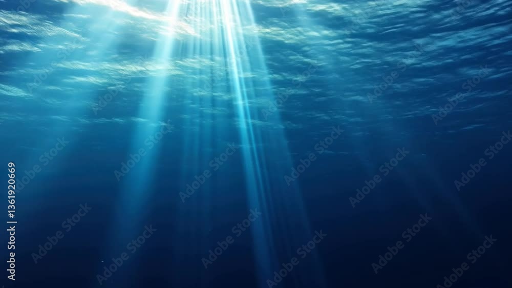 Poster sunlight filtering through water surface creating beautiful patterns and rays in deep blue ocean for