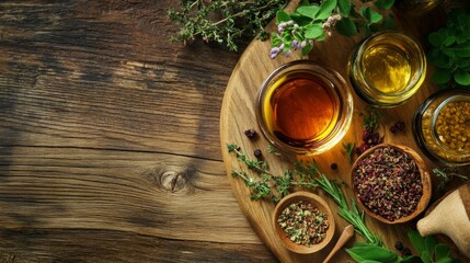 Fototapeta premium Herbal teas and spices in glass jars on wooden surface