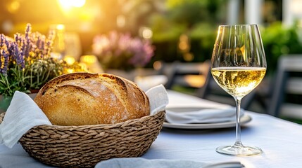 Obraz premium Rustic bread and white wine on outdoor table with sunlit background