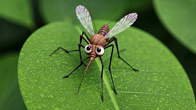 Cartoon Mosquito Resting on Green Leaf Close Up Animation