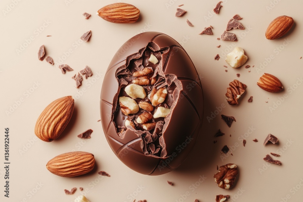 Poster Chocolate egg filled with nuts placed on a neutral background surrounded by scattered nuts