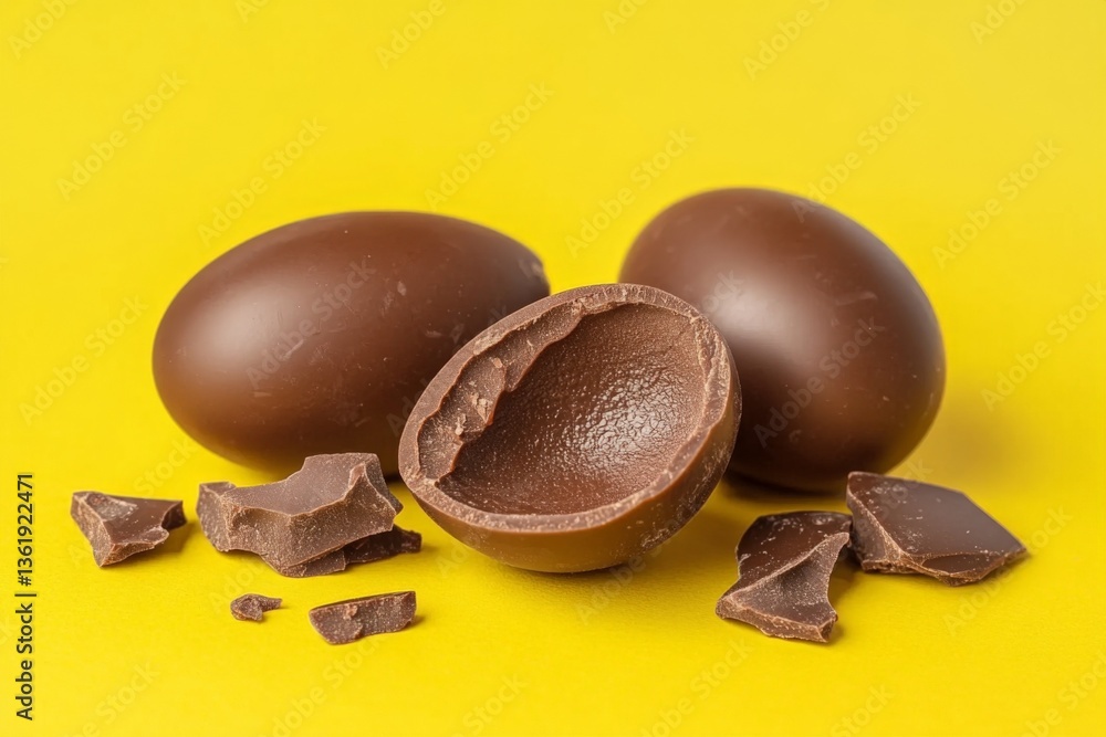 Poster chocolate eggs with a broken shell and pieces scattered on a bright yellow background during a festi
