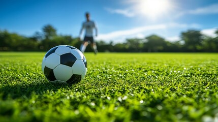 Fototapeta premium A spirited soccer player kicks the ball across a vibrant green field, demonstrating the excitement and athleticism inherent in the sport