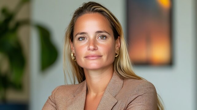 Confident young caucasian female in professional setting with long blonde hair