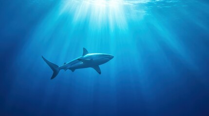 Fototapeta premium Majestic Shark Swimming in Serene Blue Ocean Depths with Sunlight Rays Streaming Through the Water Surface