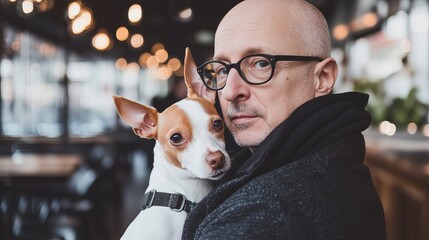 Mature caucasian male in glasses holding brown and white dog in cozy cafe setting