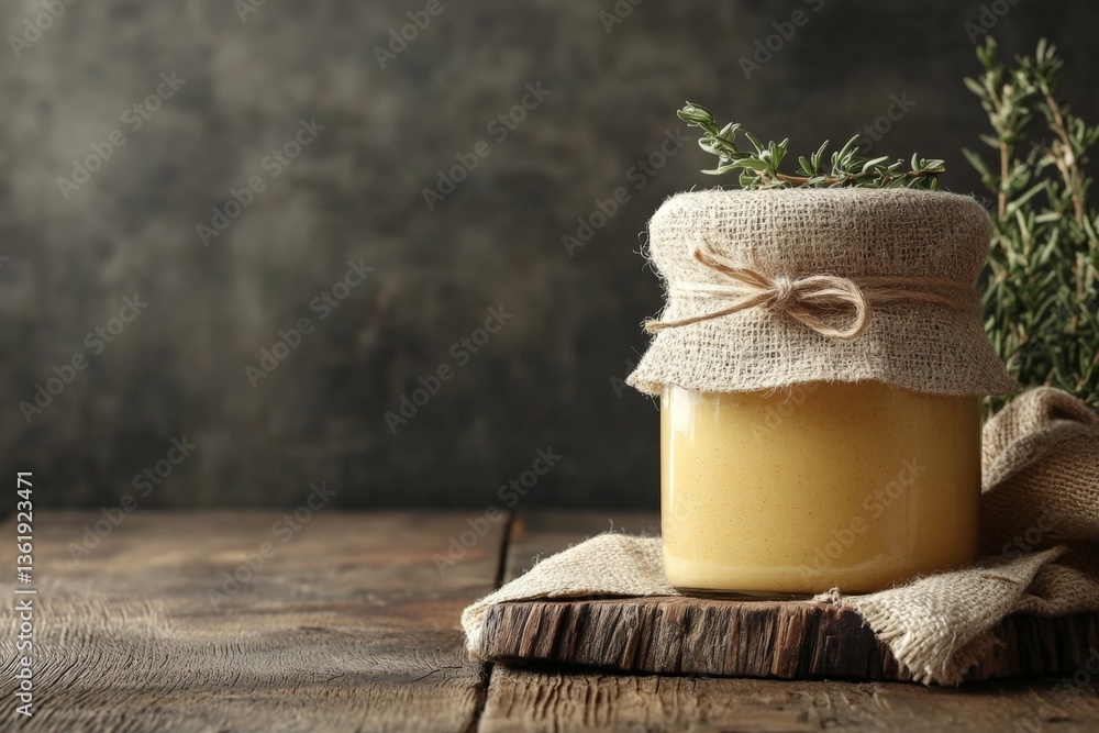 Aufkleber natural golden spread in a rustic setting with fresh herbs on a wooden surface