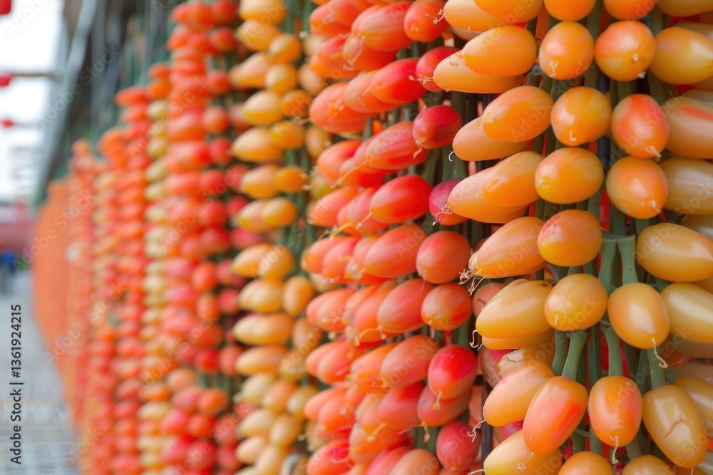 Poster a vibrant display of colorful decorative items resembling fruits, hung in rows, creating a striking 