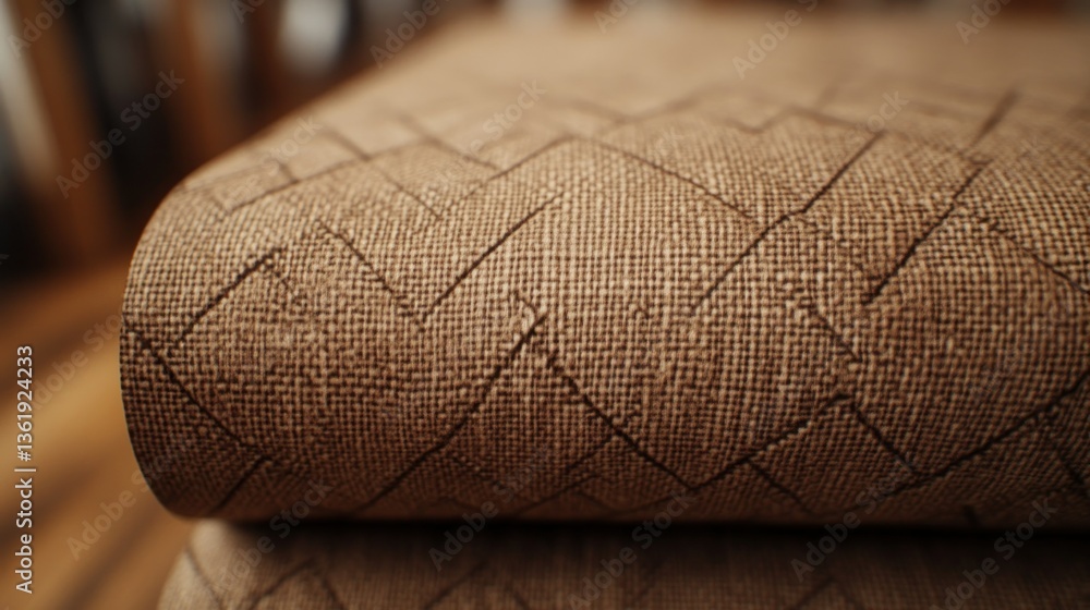 Poster close-up of a textured, tan-colored, fabric or material with a repeating diamond and chevron pattern