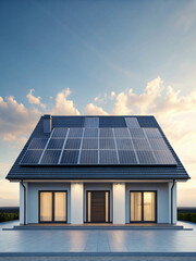 Fototapeta premium Modern House with Solar Panels Under Clear Blue Sky and Clouds at Dusk