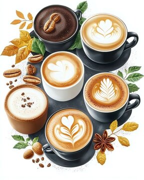 A delightful assortment of coffee cups featuring various latte art designs and garnished with coffee beans and leaves.
