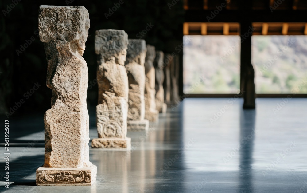 Poster row of ancient stone statues in a modern building with sunlight streaming through a large window, cr