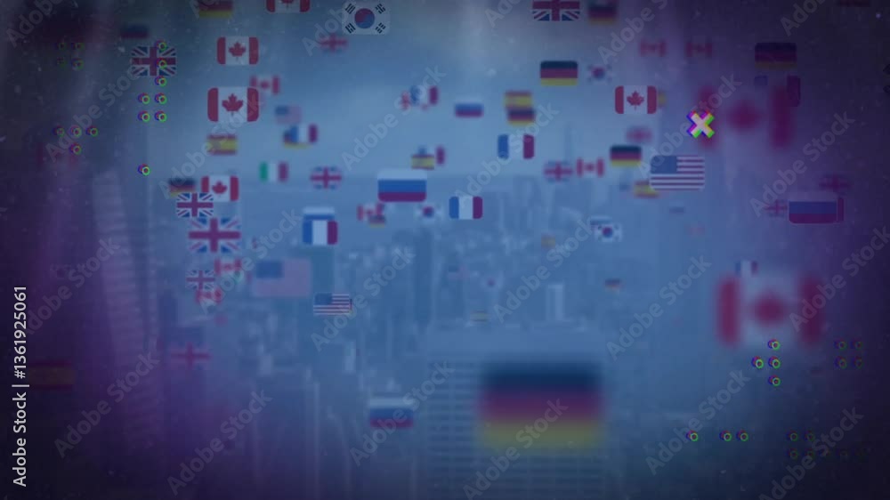 Poster animation of flags from various countries floating over cityscape background