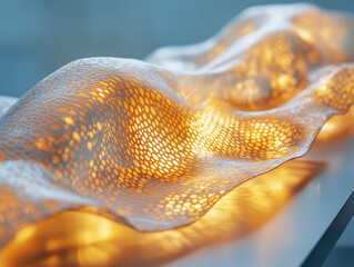 Close-up of translucent artificial skin stretched on metal frame soft glow from below emphasizes texture and elasticity