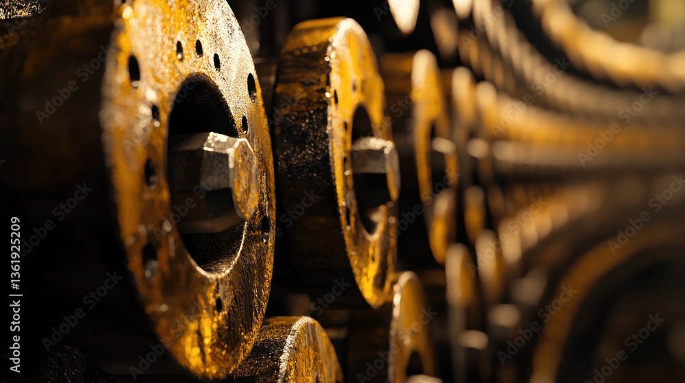 Poster close-up view of rusty metallic discs with hexagonal nuts, exhibiting a dark golden hue and a shallo