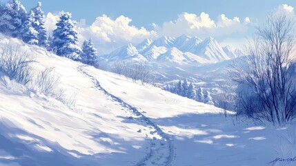 Obraz premium A snow-covered hill with a winding trail of footprints leading up to the top, where the view reveals an endless expanse of snow-covered mountains in the distance