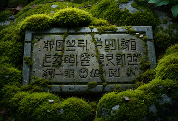 Ancient Stone Tablet with Faded Symbols Underneath Moss