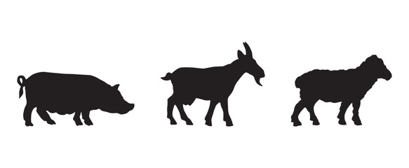 Silhouettes of different farm animals, goat, sheep, pig, vector illustration isolated on white