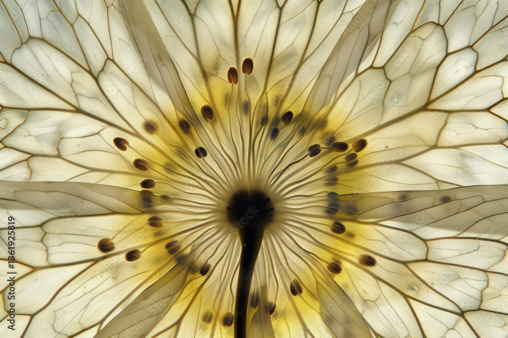Poster a close-up view of a delicate flower, showcasing intricate patterns and textures in soft yellow and 