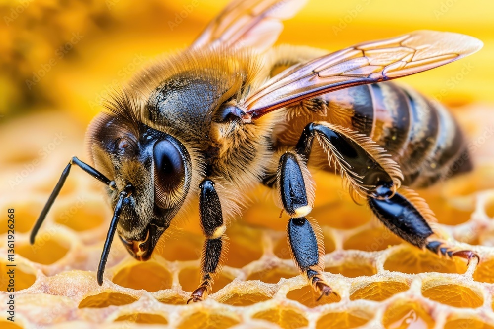 Poster a close-up view of a bee on honeycomb, showcasing its detailed features and textures, emphasizing it