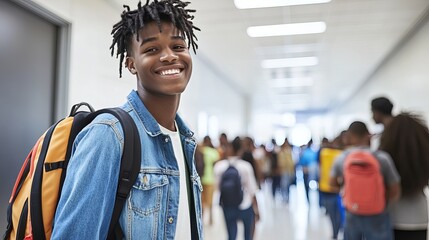 Smiling african young male student in school hallway with backpack