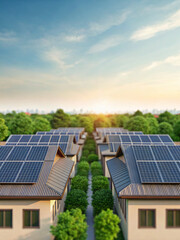 Naklejka premium Rooftops with Solar Panels in a Sustainable Community at Sunset Over Green Trees