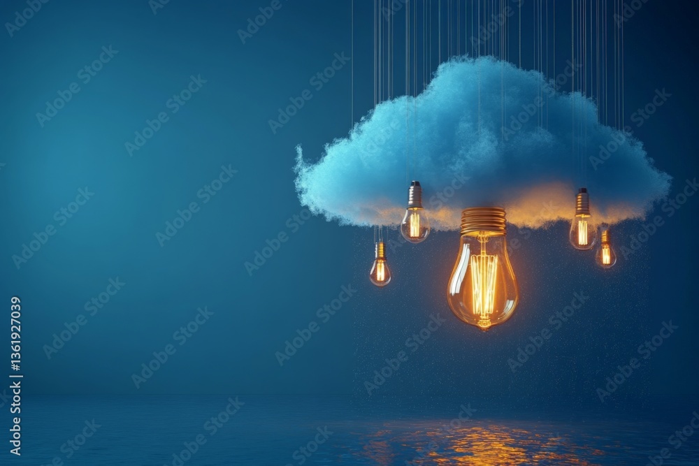 Poster creative concept with a fluffy cloud and glowing light bulbs hanging in a surreal blue setting durin