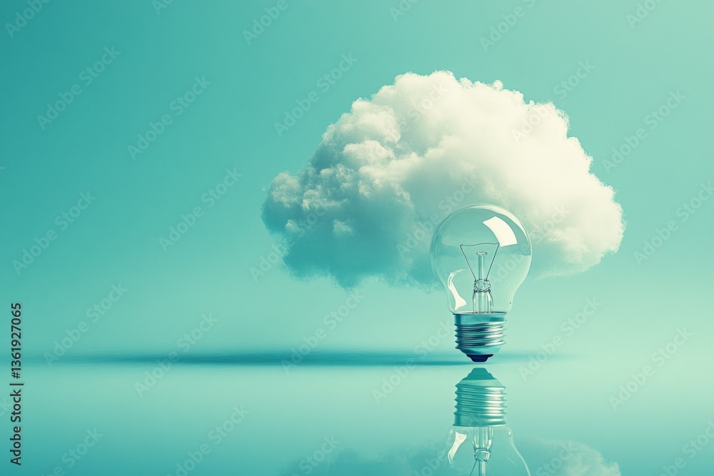 Poster creative concept of a light bulb and cloud reflecting in still water in a minimalistic setting