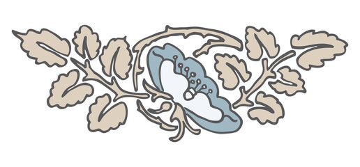 Outline drawing of floral vintage decorative design element, blue flower, golden leaves, vector illustration isolated on white